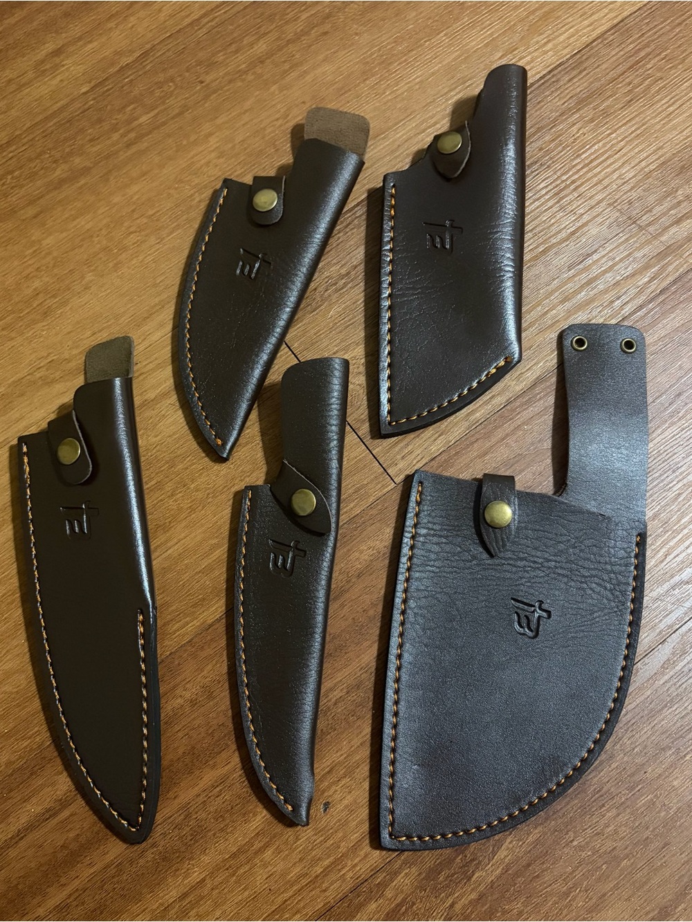 Lot Of 5 Leather Knife Sheaths Forged Blade Branded Assorted Shapes & Lengths
